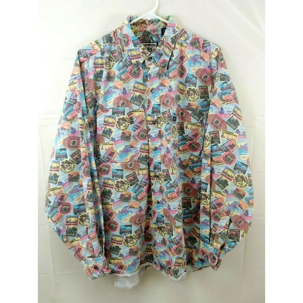 Vintage Lee Mens Shirt XL Long Sleeve Button Front Western Print Travel Cotton
